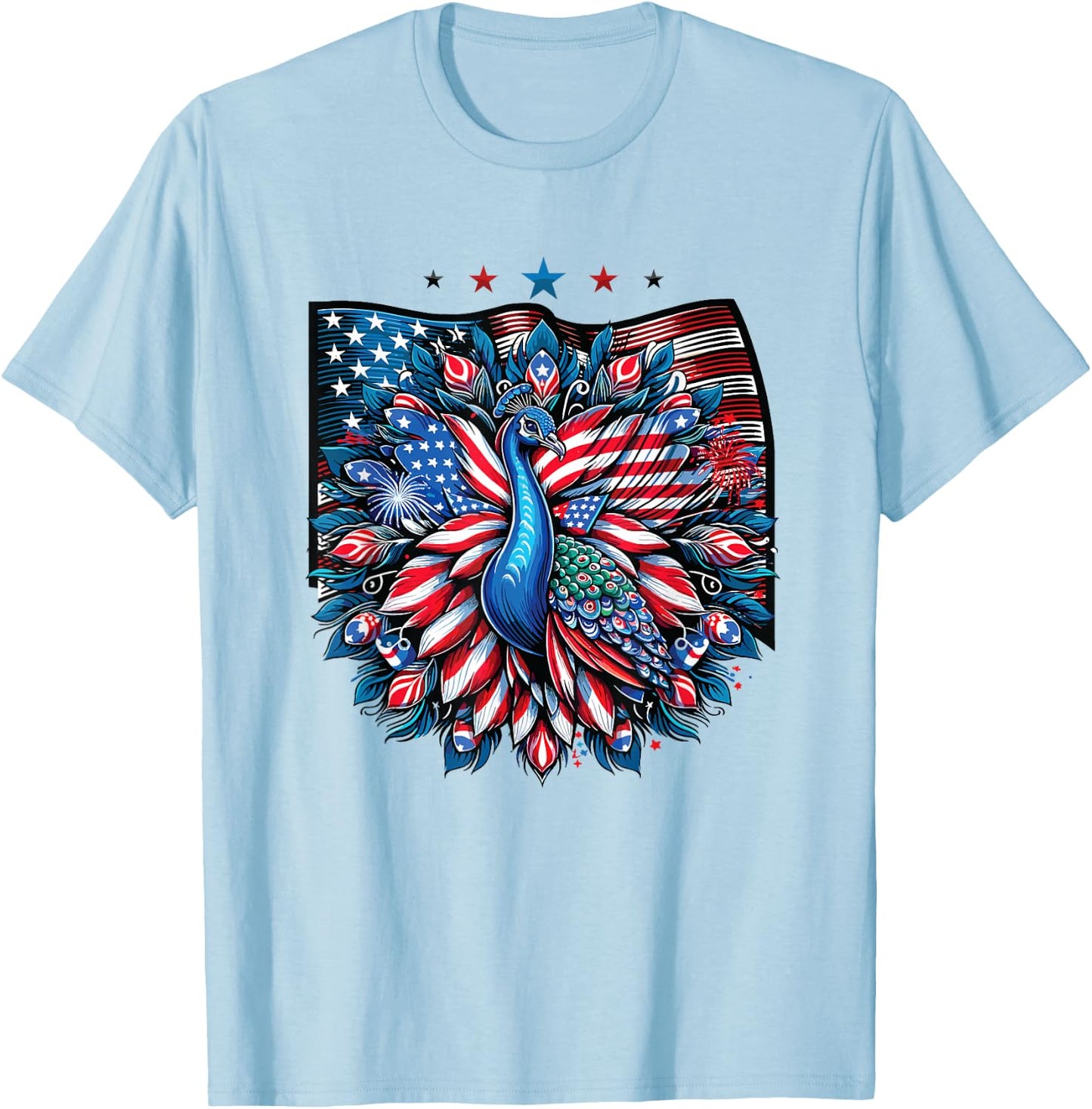 Patriotic Stars Stripes Peacock 4th Of July T-Shirt - T-Shirt | Light Blue