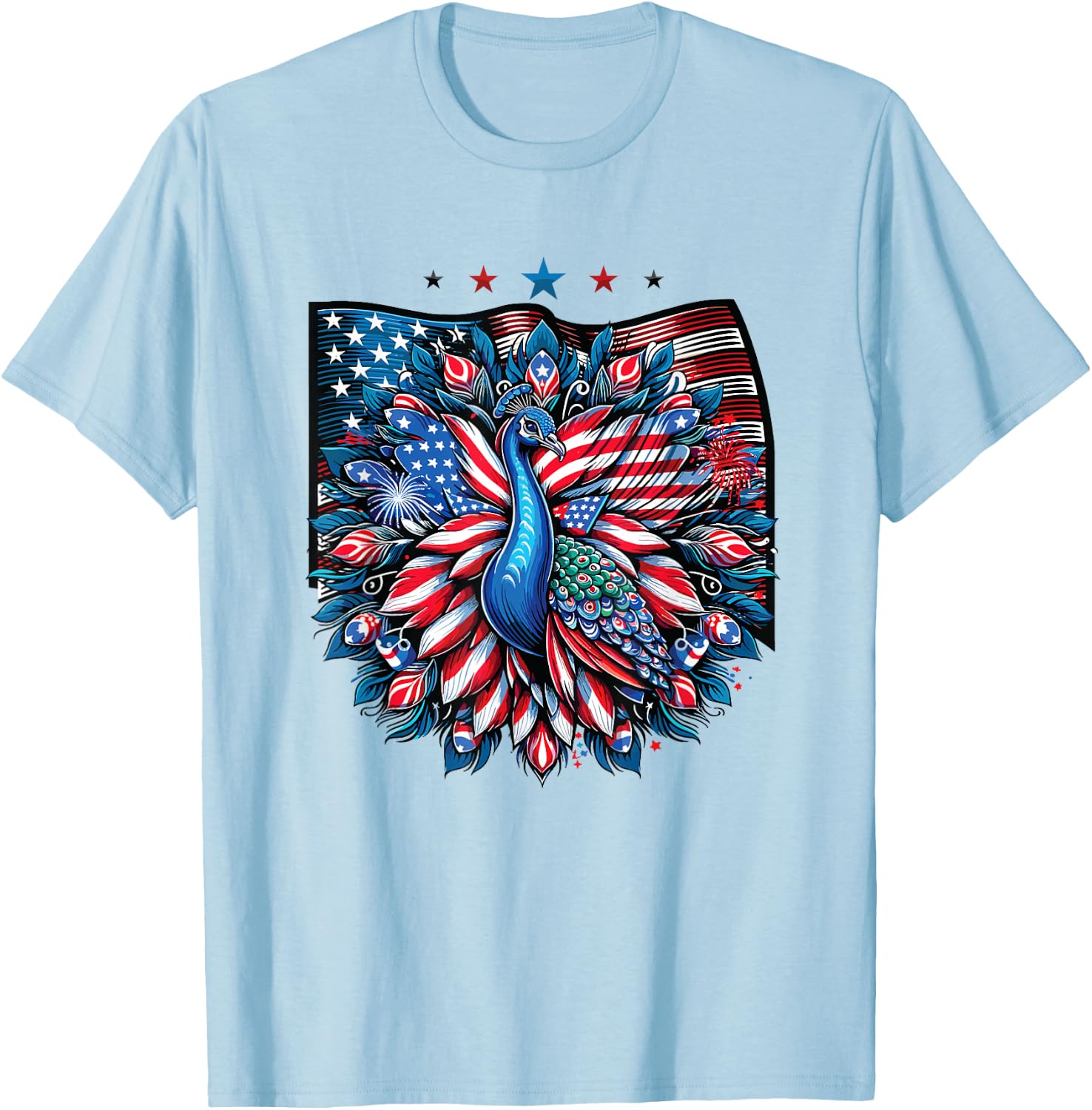 Patriotic Stars Stripes Peacock 4th Of July T-Shirt - T-Shirt | Light Blue