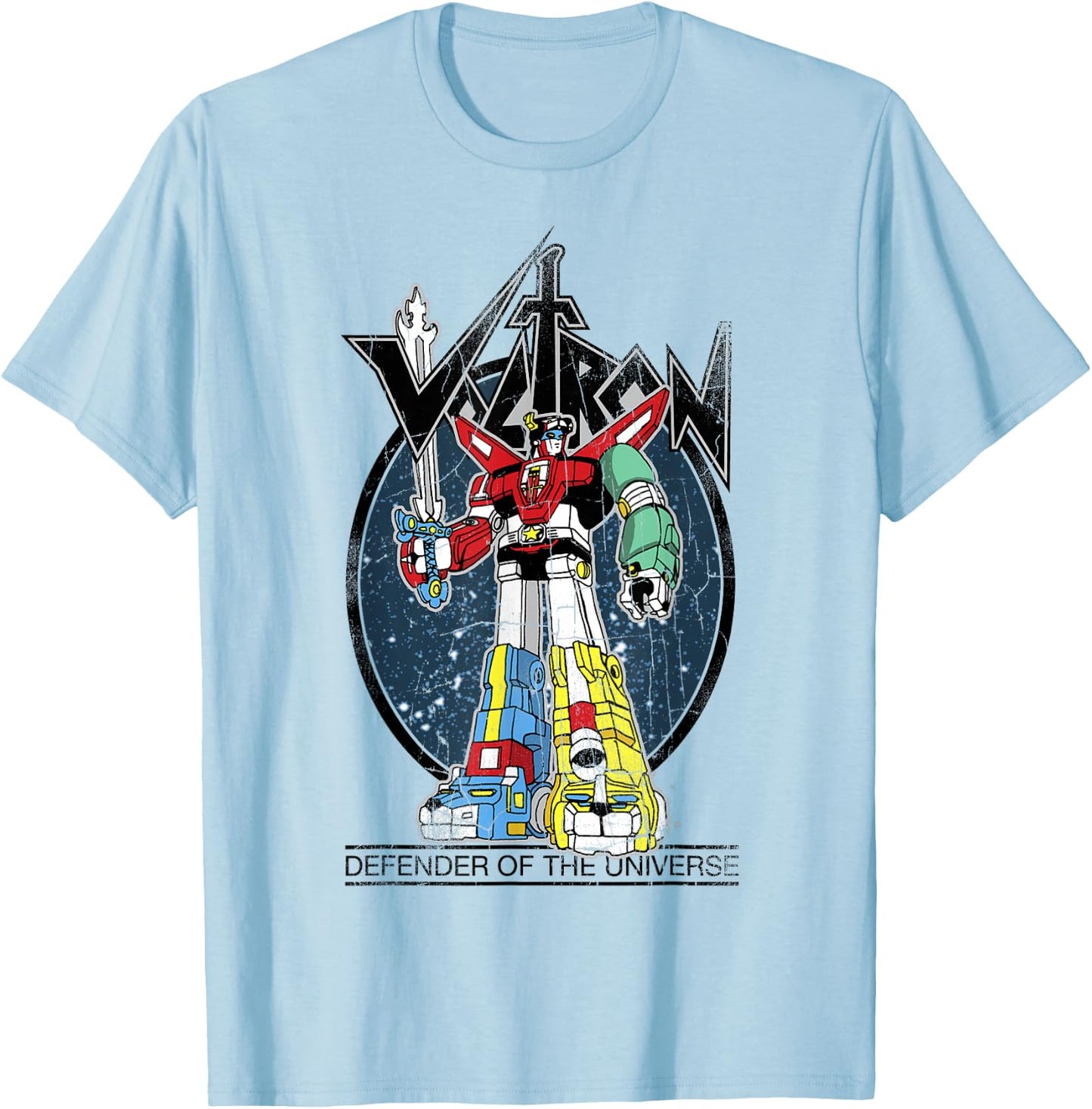Voltron Retro Defender Colourful Distressed T-Shirt - T-Shirt | Light Blue