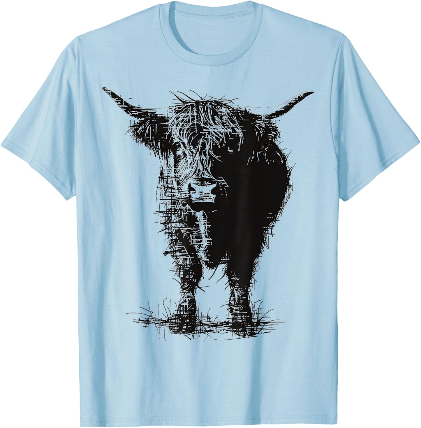 Highland Cow Motif Abstract Drawing Animal Art Highland Cow T-Shirt - T-Shirt | Light Blue