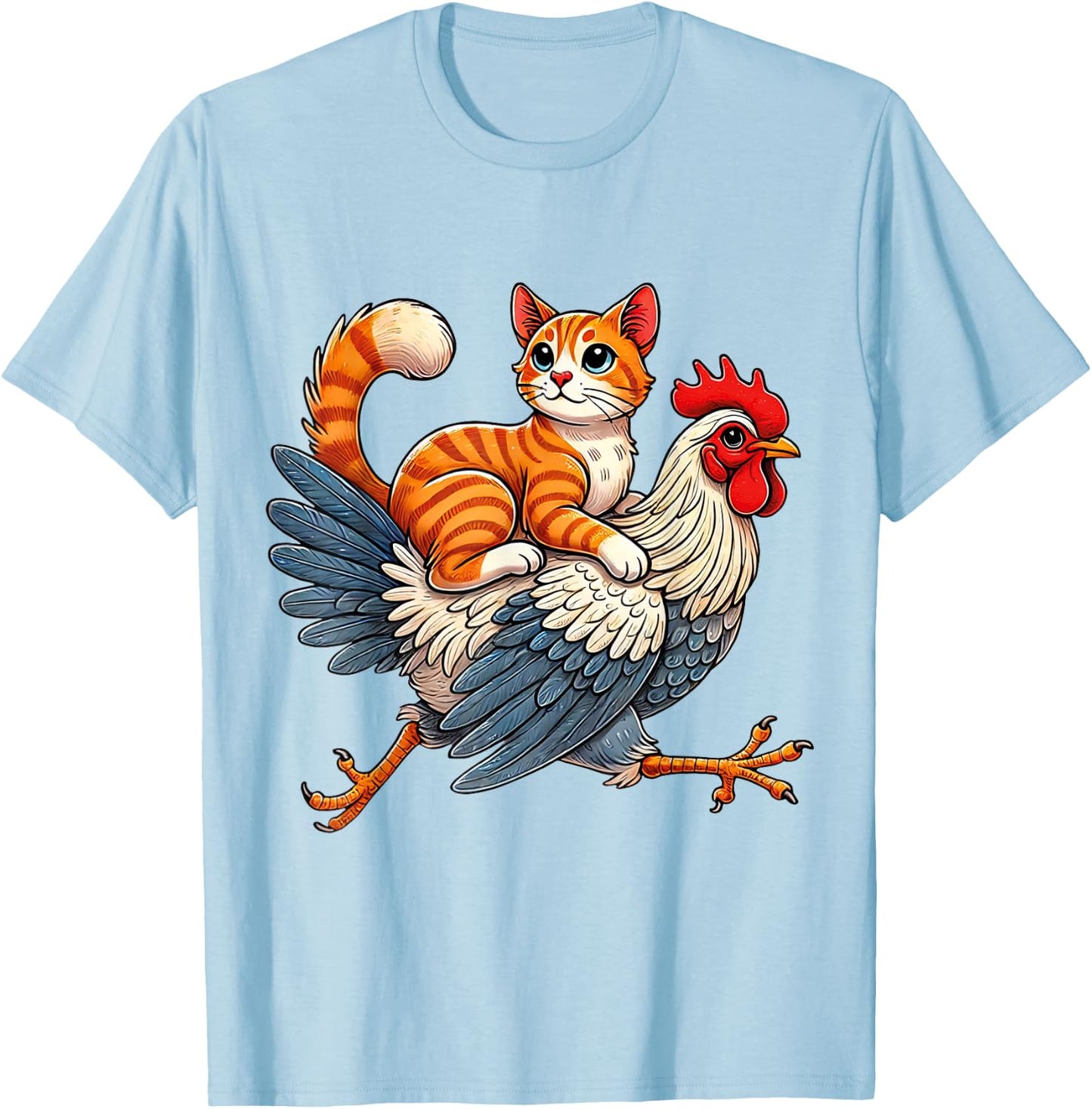 Funny Cat Riding a Chicken Whimsical Cat and Chicken Duo T-Shirt - T-Shirt | Light Blue