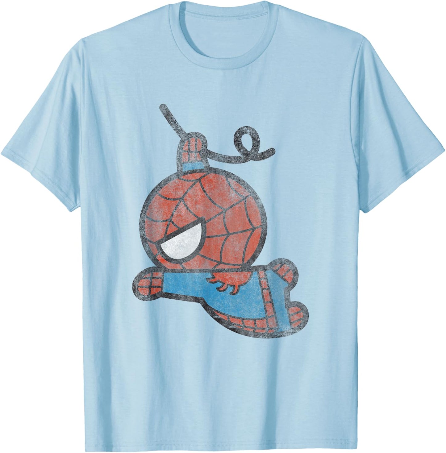 Marvel Kawaii Chibi Spider-Man Swinging To Fight Distressed T-Shirt - T-Shirt | Light Blue
