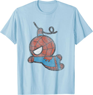 Marvel Kawaii Chibi Spider-Man Swinging To Fight Distressed T-Shirt - T-Shirt | Light Blue