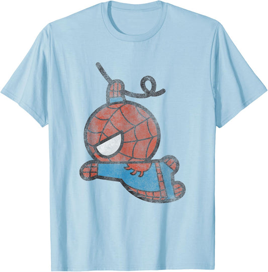 Marvel Kawaii Chibi Spider-Man Swinging To Fight Distressed T-Shirt - T-Shirt | Light Blue