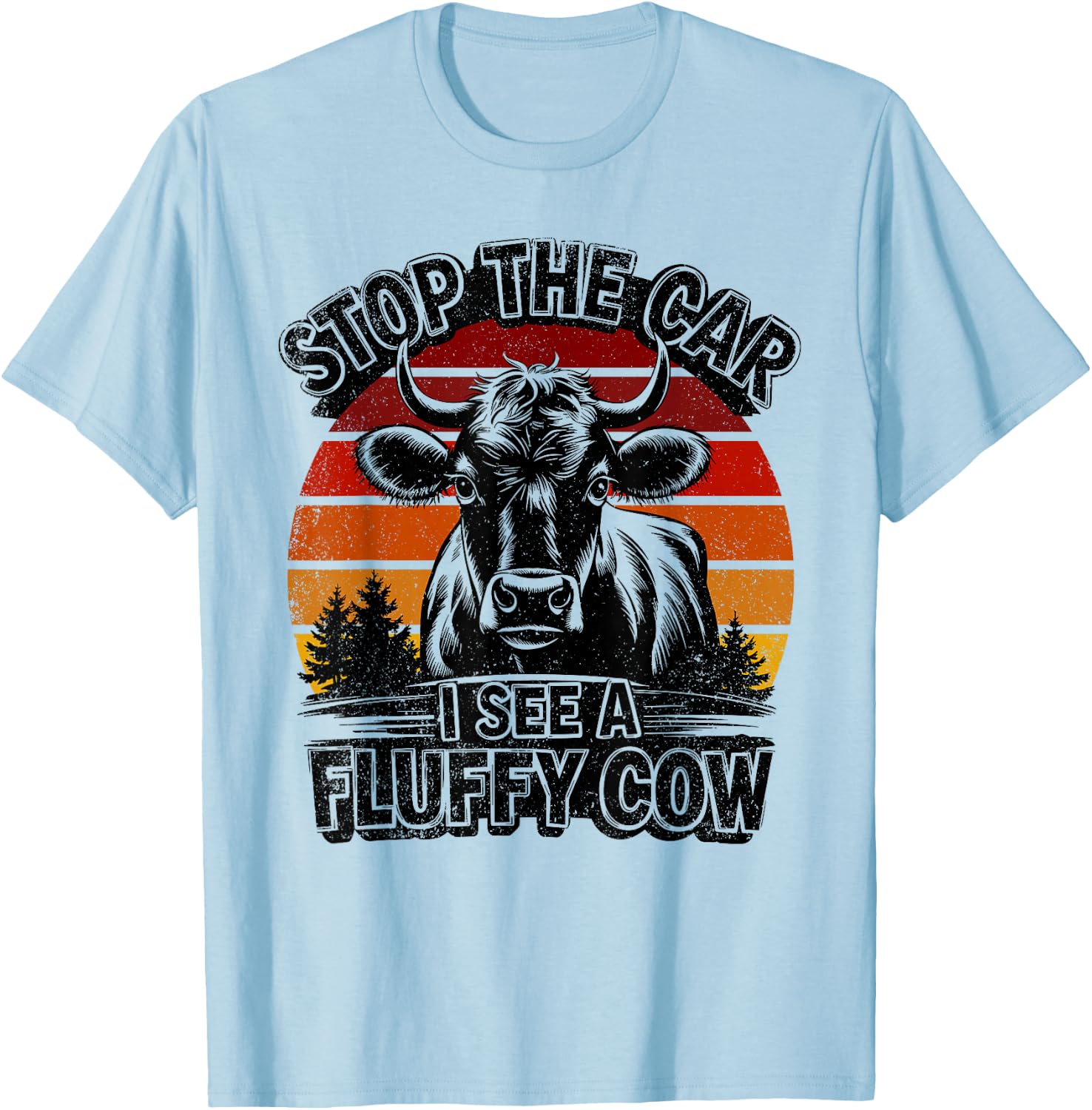 Retro Stop The Car I See A Fluffy Cow Vintage Highland Cow T-Shirt - T-Shirt | Light Blue