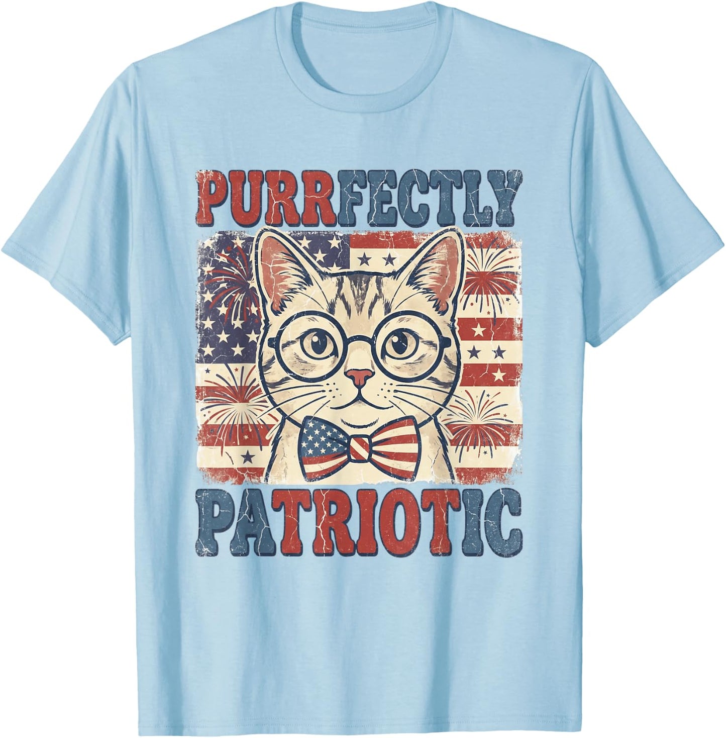 Purrfectly Patriotic Cat Vintage 4th of July Graphic T-Shirt - T-Shirt | Light Blue