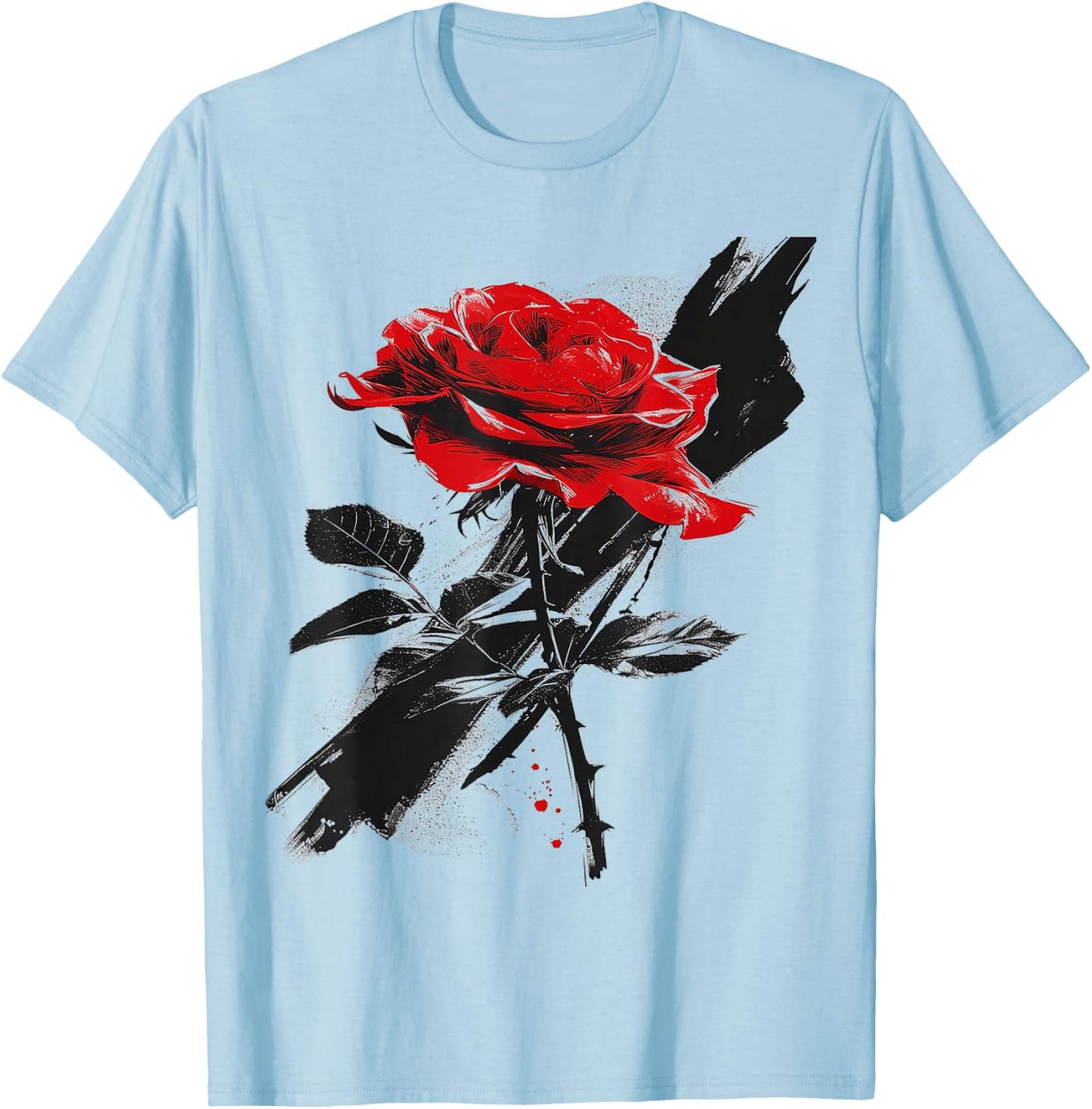 Rose Drawing Flower Lovers Artwork Graphic Motif Rose , White T-Shirt - T-Shirt | Light Blue
