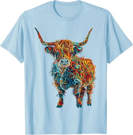 Highland Cow Abstract Animal Art Graphic Highland Cow T-Shirt - T-Shirt | Light Blue