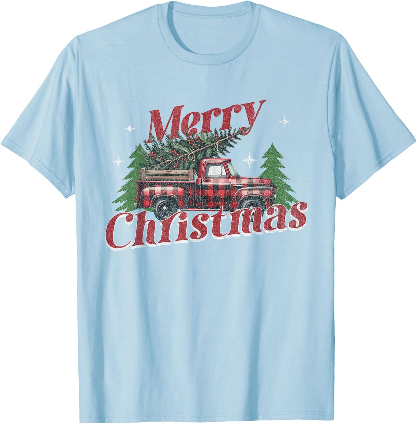 Merry Christmas Truck Buffalo Plaid Xmas Red Truck Christmas T-Shirt - T-Shirt | Light Blue