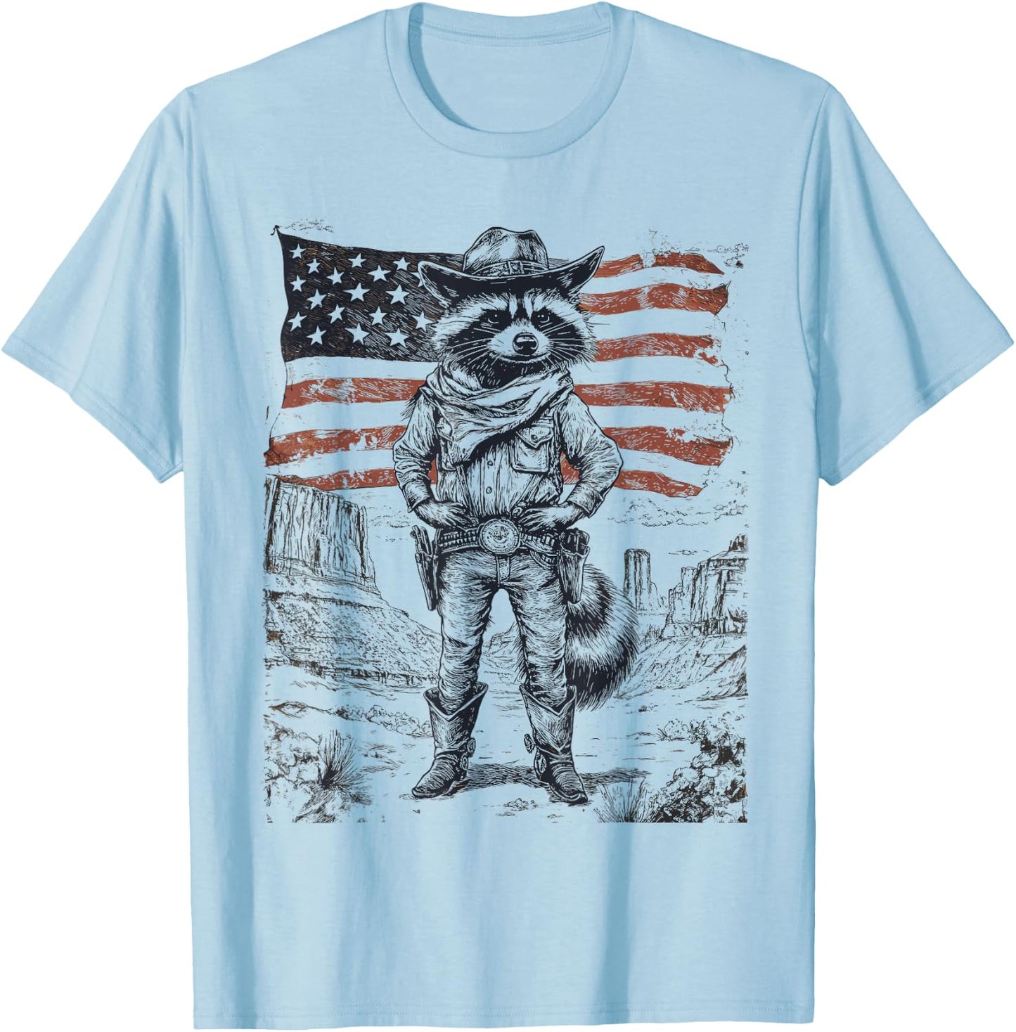 Wild West Cowboy Raccoon 4th of July Western Rodeo T-Shirt - T-Shirt | Light Blue