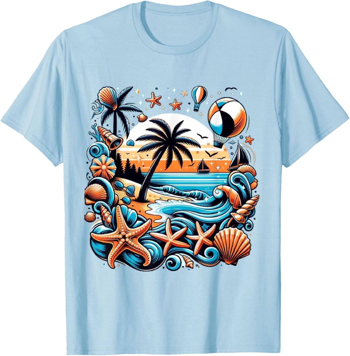 Ocean Themed Blue Starfish and Shells Women's , white, S T-Shirt - T-Shirt | Light Blue