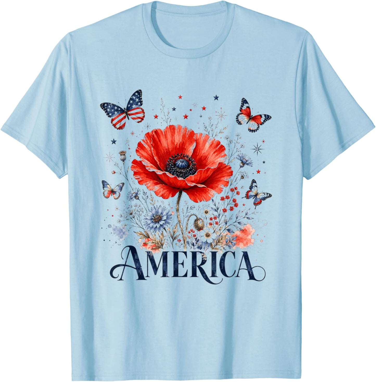 America 1776-2026 Women 250 Years of Freedom Poppies Poppy T-Shirt - T-Shirt | Light Blue