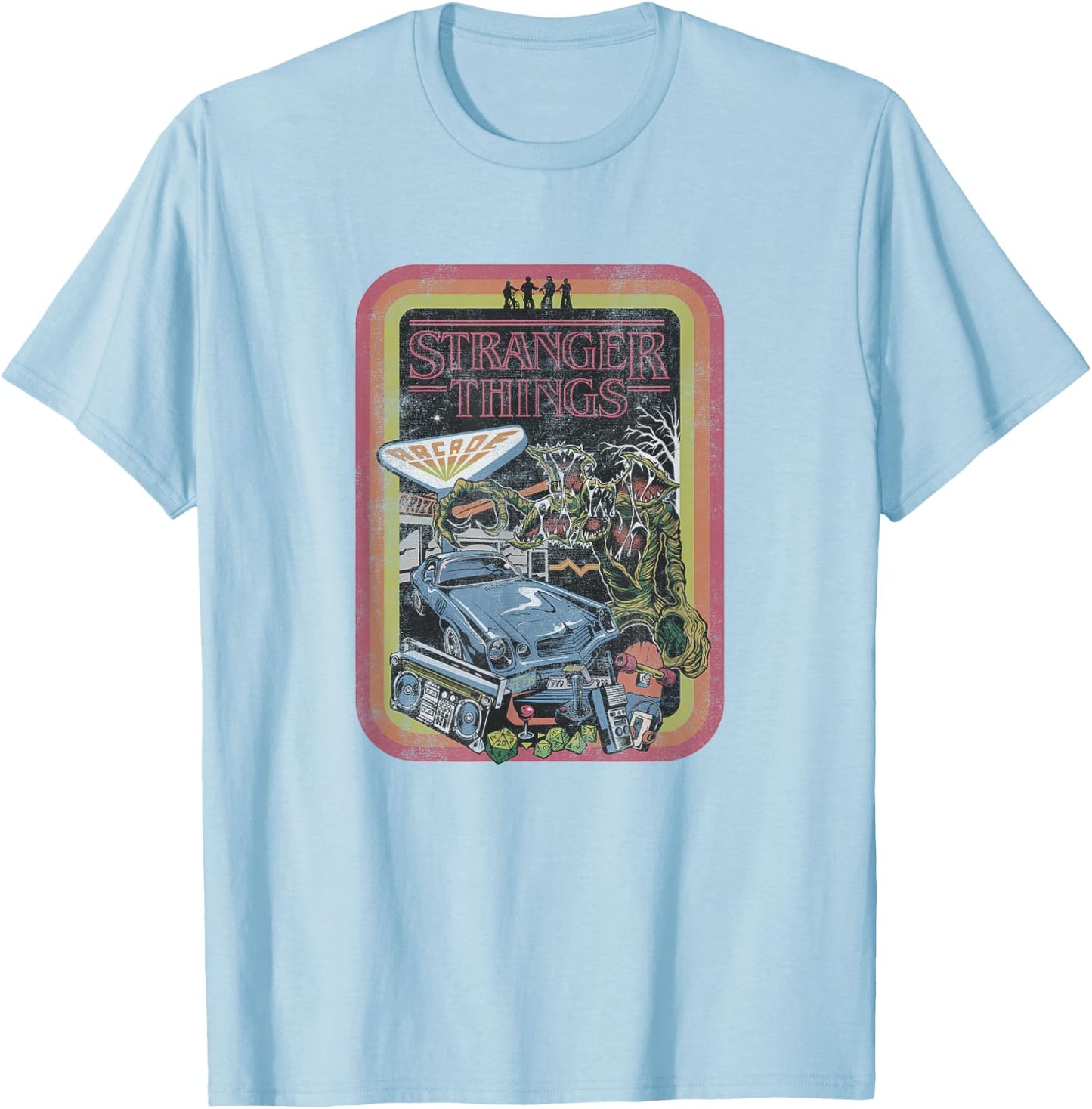 Stranger Things Retro Stripe The Party vs Hawkins Collage T-Shirt - T-Shirt | Light Blue