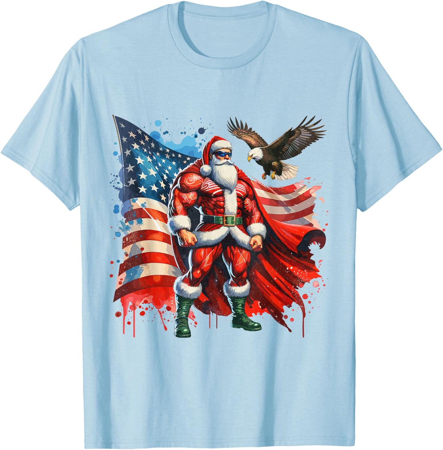 Funny Santa Claus Vintage Patriotic American flag T-Shirt - T-Shirt | Light Blue