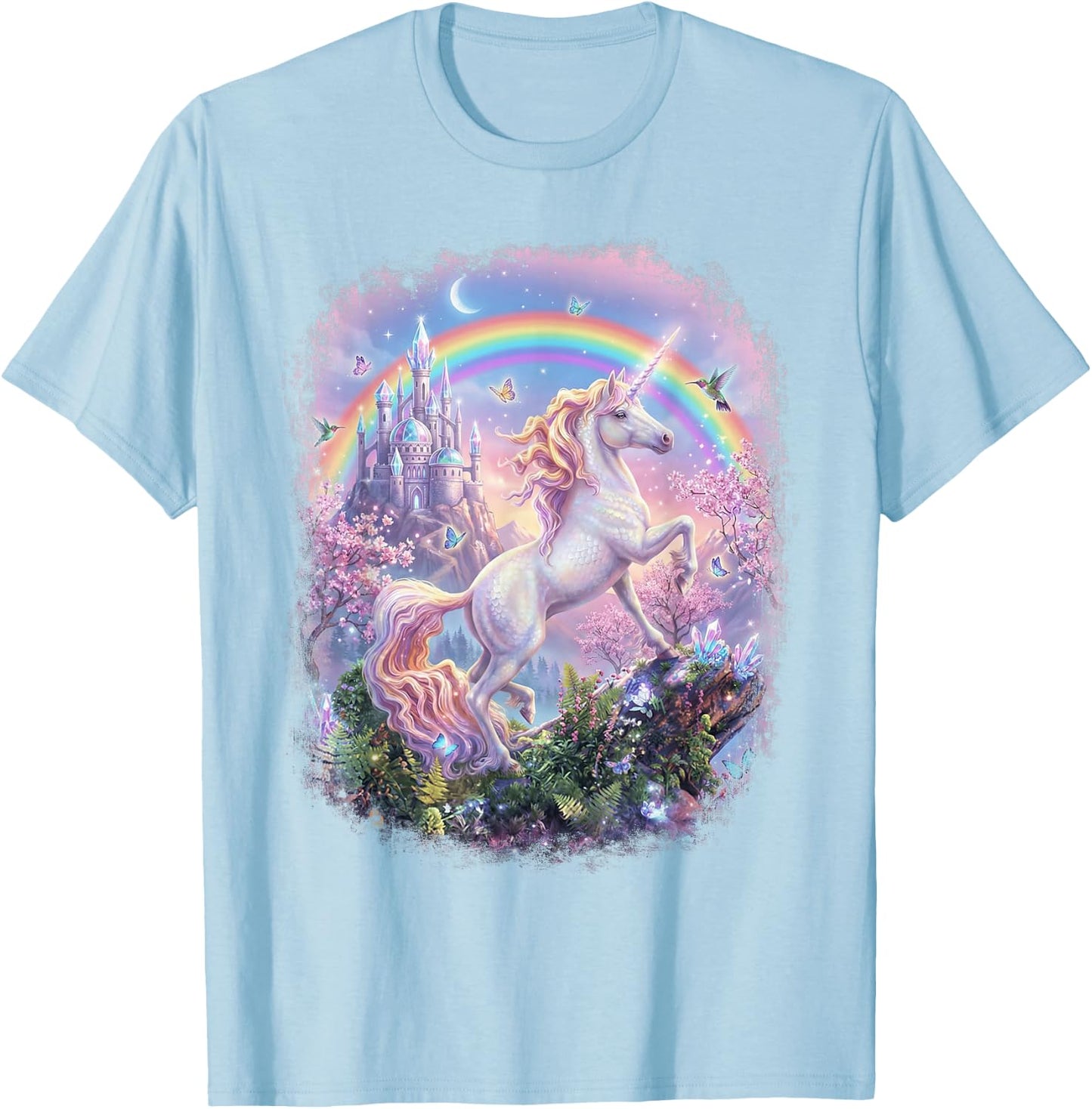 Unicorn Rainbow Castle Magical Graphic Girls T-Shirt - T-Shirt | Light Blue