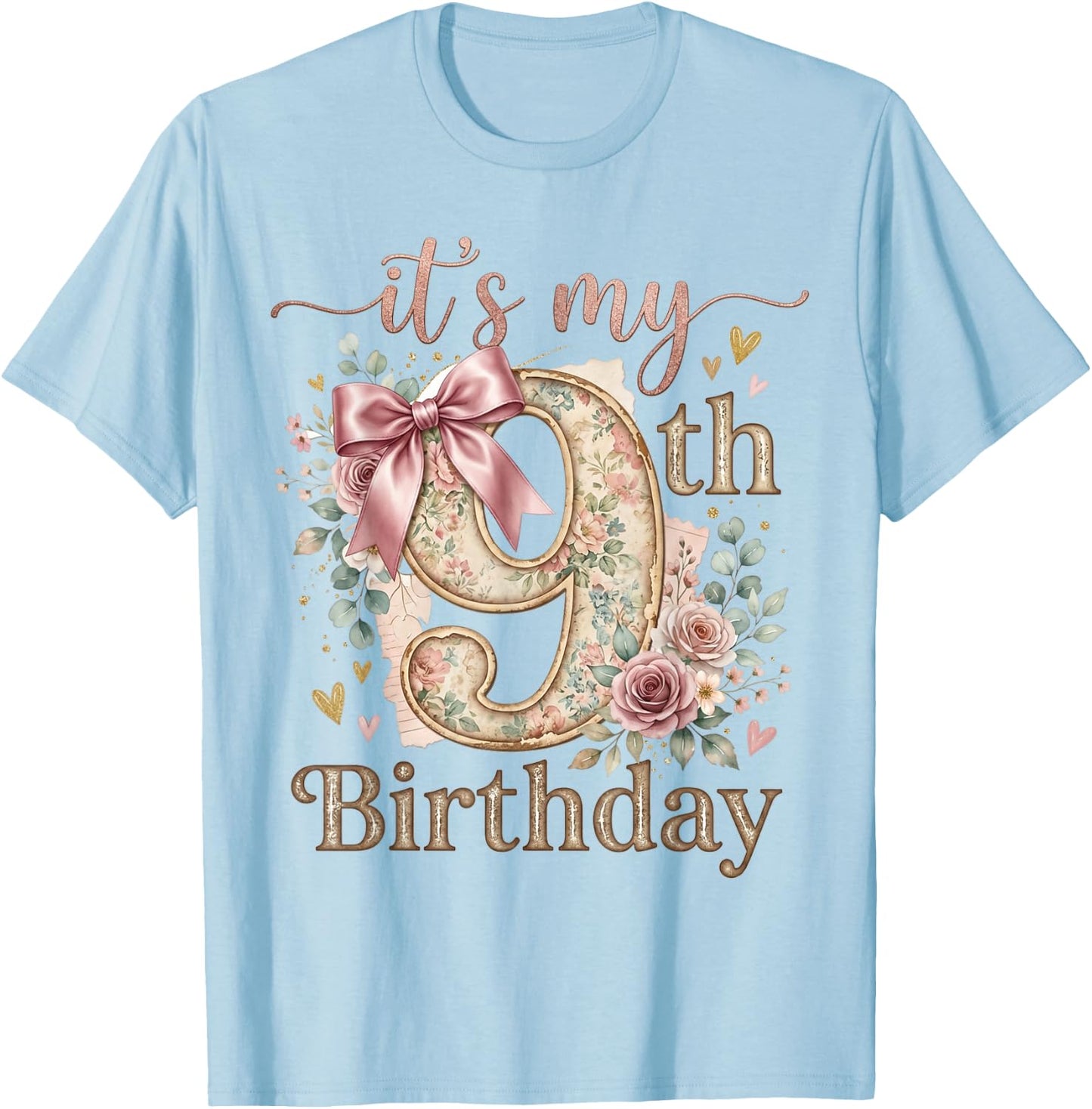 It's My 9th Birthday Girl Coquette Bow Pink 9 Year Old T-Shirt - T-Shirt | Light Blue