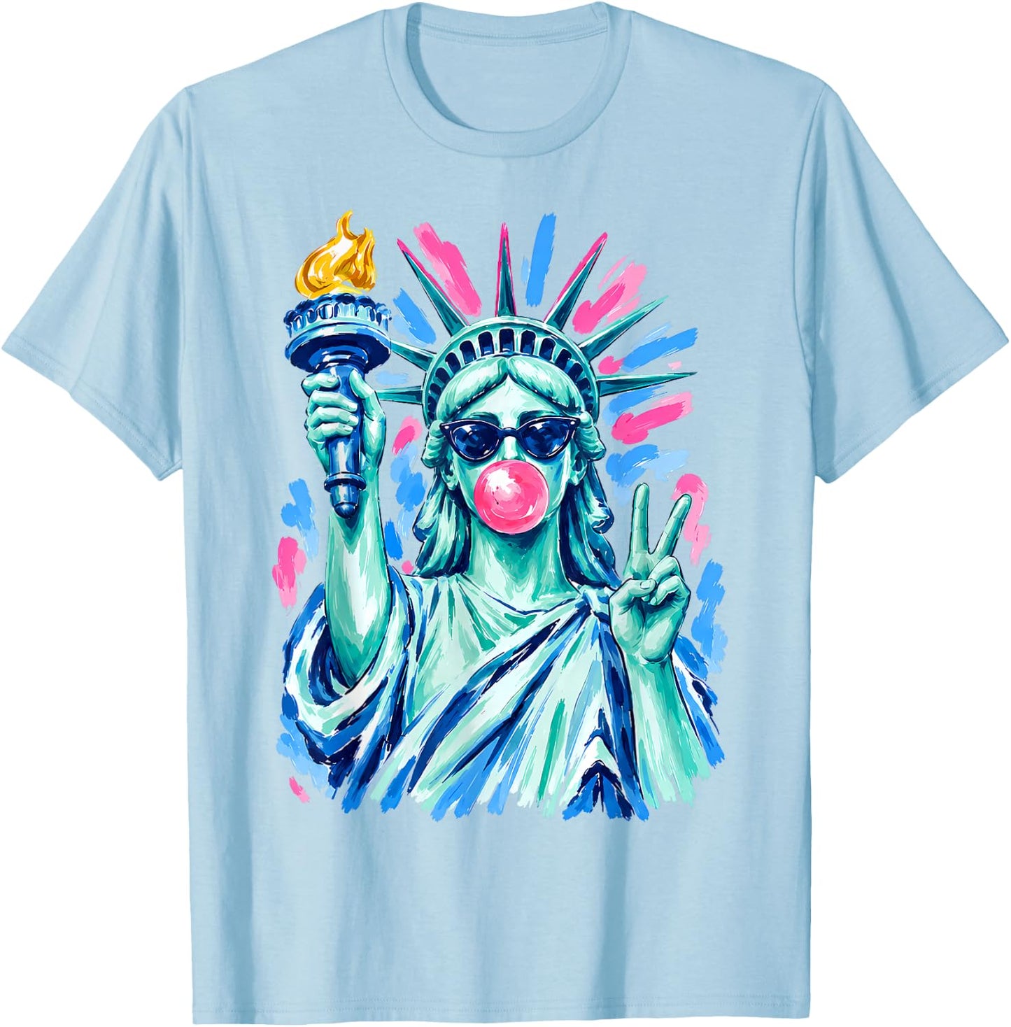 Statue of Liberty Sunglasses Blowing Bubblegum 4th of July T-Shirt - T-Shirt | Light Blue