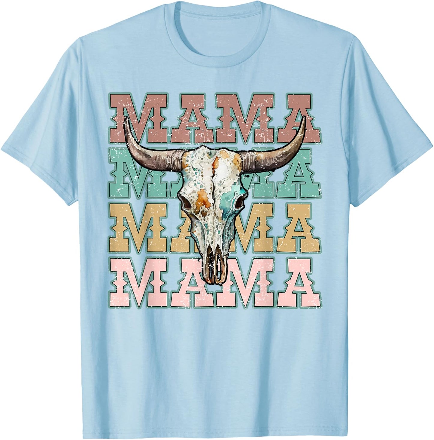 Mama Western Mom Retro Bull Skull Cow Skull Mom T-Shirt - T-Shirt | Light Blue