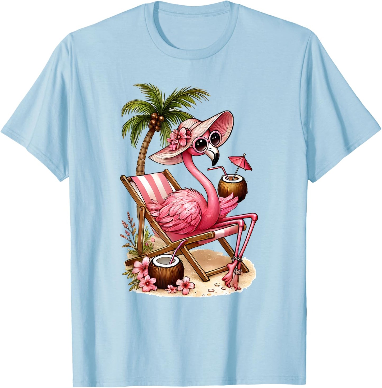 Women's Girls Pink Flamingo Beach Palm Tree Cute Flamingo T-Shirt - T-Shirt | Light Blue