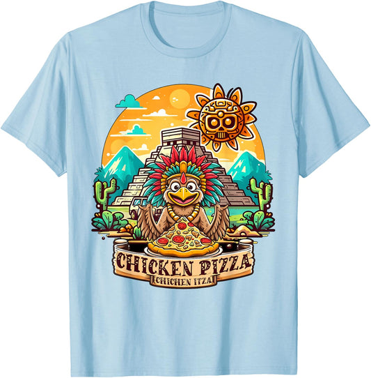 Chichen Itza Chicken Pizza Fun: Quirky Mexico Design T-Shirt - T-Shirt | Light Blue