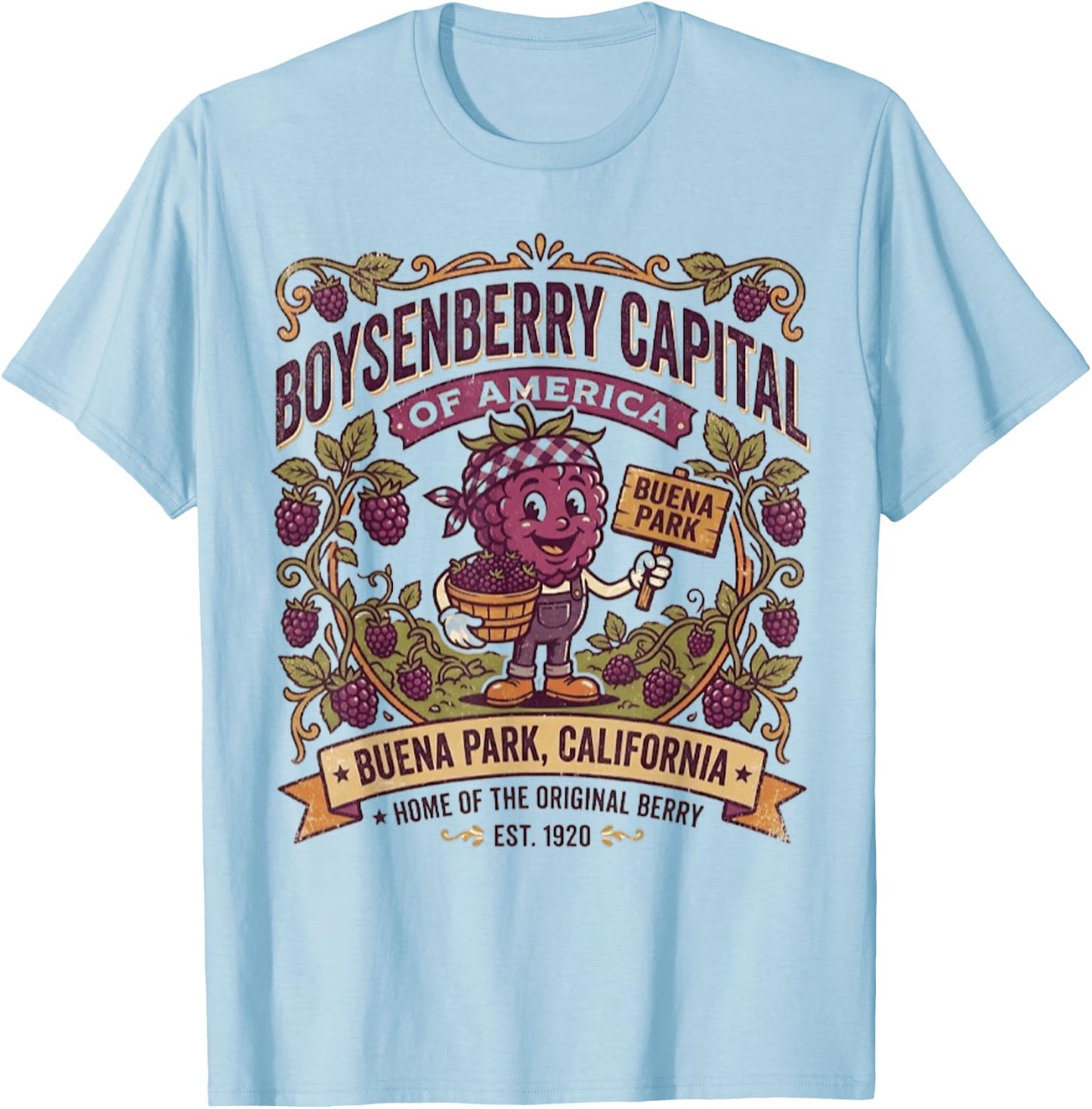 Buena Park, CA - Boysenberry Capital - Vintage Mascot Logo T-Shirt - T-Shirt | Light Blue
