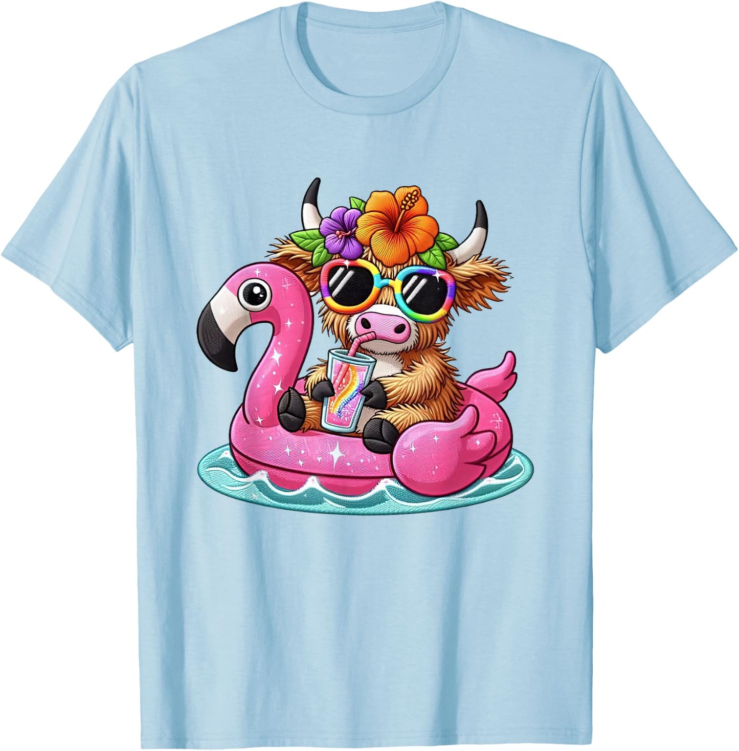 Beach Vibes Sweet Summer Cute Highland Cow Flamingo Float Women Girls Kids T-Shirt - T-Shirt | Light Blue
