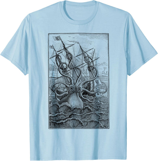 Giant Octopus Pirate Ship Vintage Octopus Sailing Squid T-Shirt - T-Shirt | Light Blue
