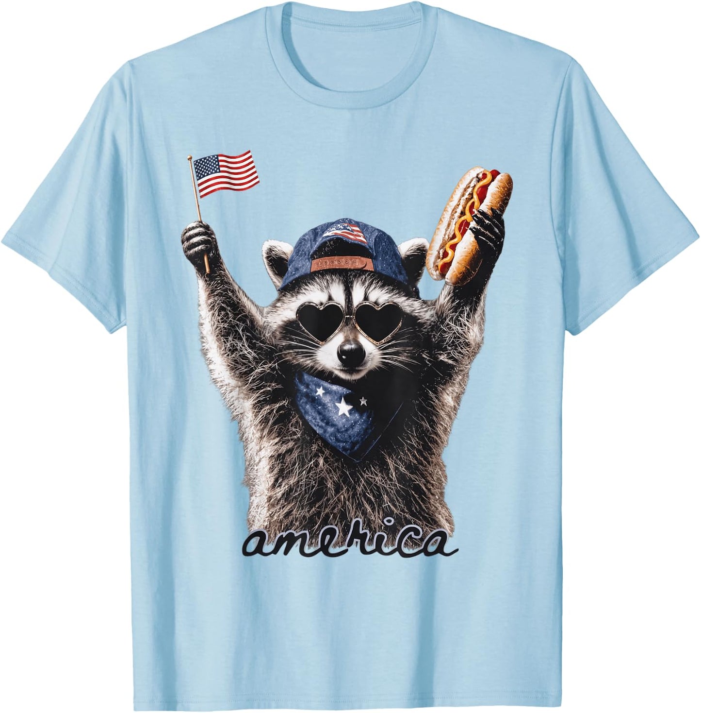 Patriotic Raccoon Flag n Hotdog 4th of July America T-Shirt - T-Shirt | Light Blue