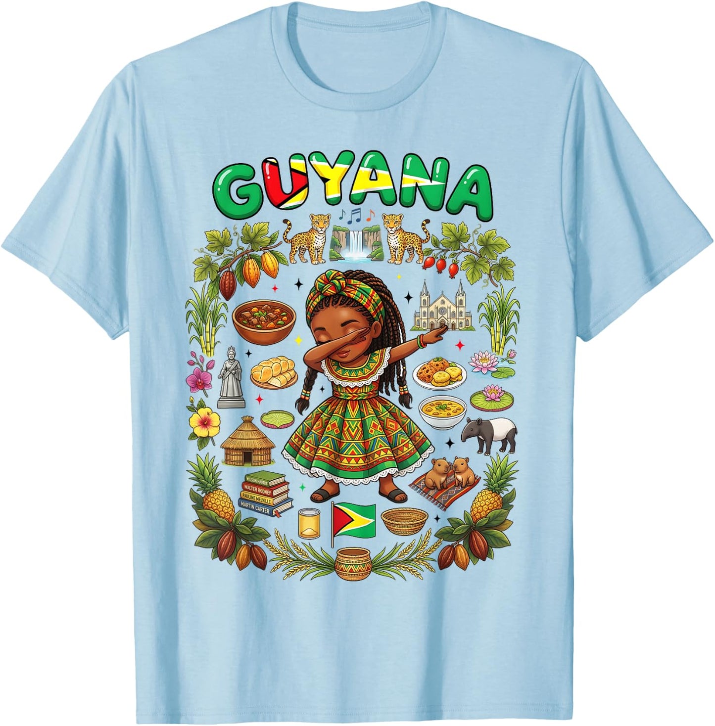 Dabbing Guyana Girl Flag Dress Kaieteur Falls Jaguar Pride T-Shirt - T-Shirt | Light Blue