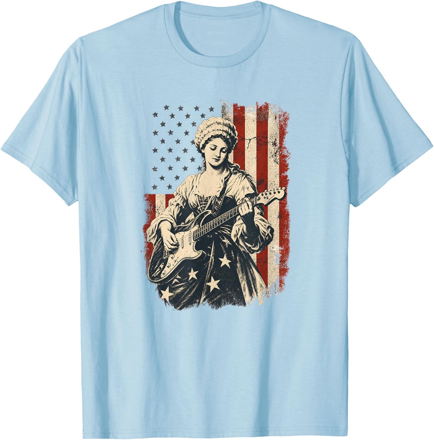 Betsy Ross Playing Guitar American Flag T-Shirt - T-Shirt | Light Blue