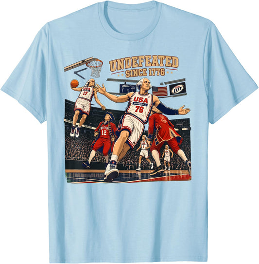 Undefeated Since 1776 Basketball Fouding Father 4th of July T-Shirt - T-Shirt | Light Blue