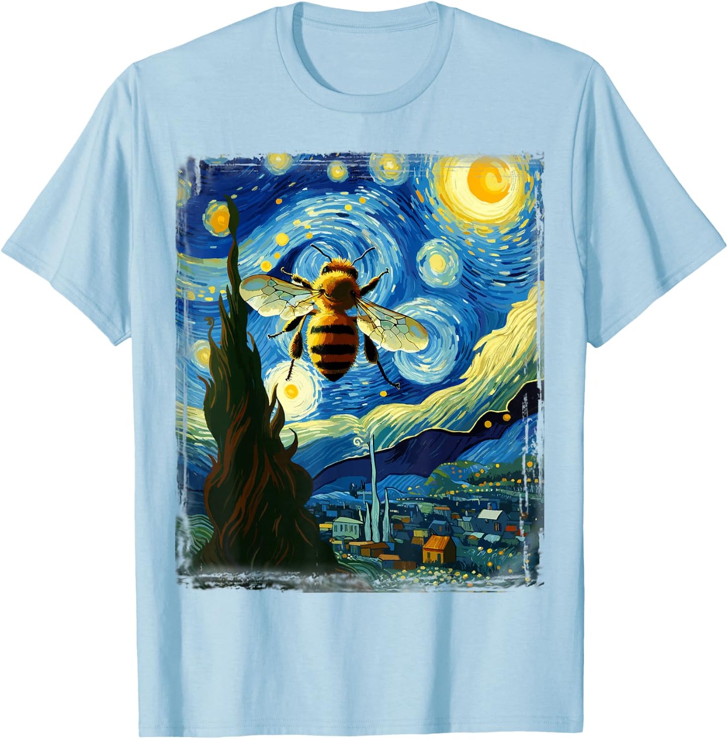 Apiarist Artistic Bee Gear Van Gogh Style Starry Night Bee T-Shirt - T-Shirt | Light Blue