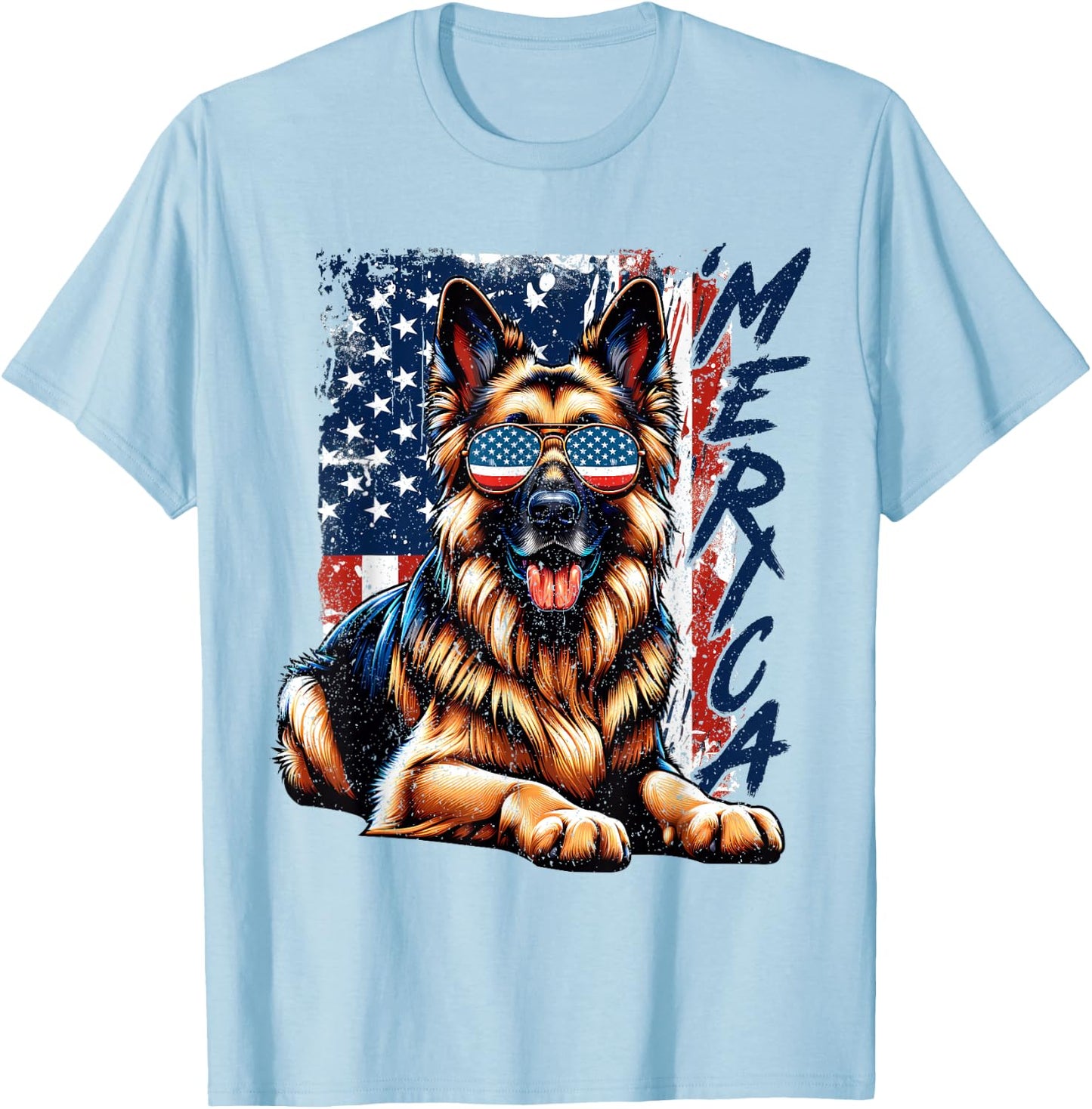 'Merica German Shepherd USA Flag Sunglasses Patriotic Pets T-Shirt - T-Shirt | Light Blue