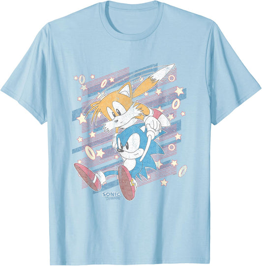 Sonic The Hedgehog Sonic & Tails Americana Distressed Logo T-Shirt - T-Shirt | Light Blue