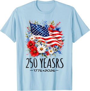 250 Years America Floral 250 Anniversary USA 4th July T-Shirt - T-Shirt | Light Blue