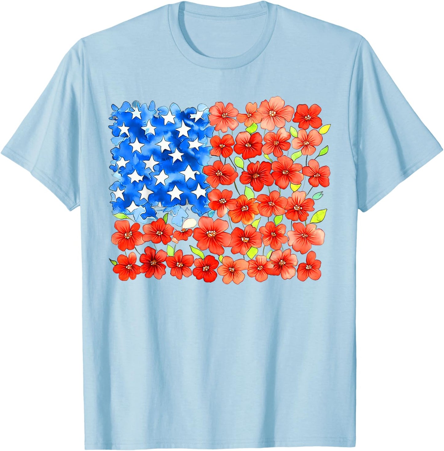 Floral American Flag, Patriotic Flower, 4th of July Floral T-Shirt - T-Shirt | Light Blue