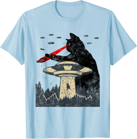 Alien UFO Abduction Laser Eye Funny Cat T-Shirt - T-Shirt | Light Blue