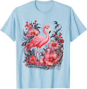 Flamingo and Flowers Floral Flamingos pink T-Shirt - T-Shirt | Light Blue