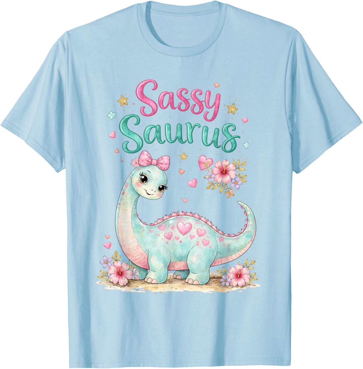 Sassy Saurus Cute Brachiosaurus Girls Toddlers Dinosaur Dino T-Shirt - T-Shirt | Light Blue