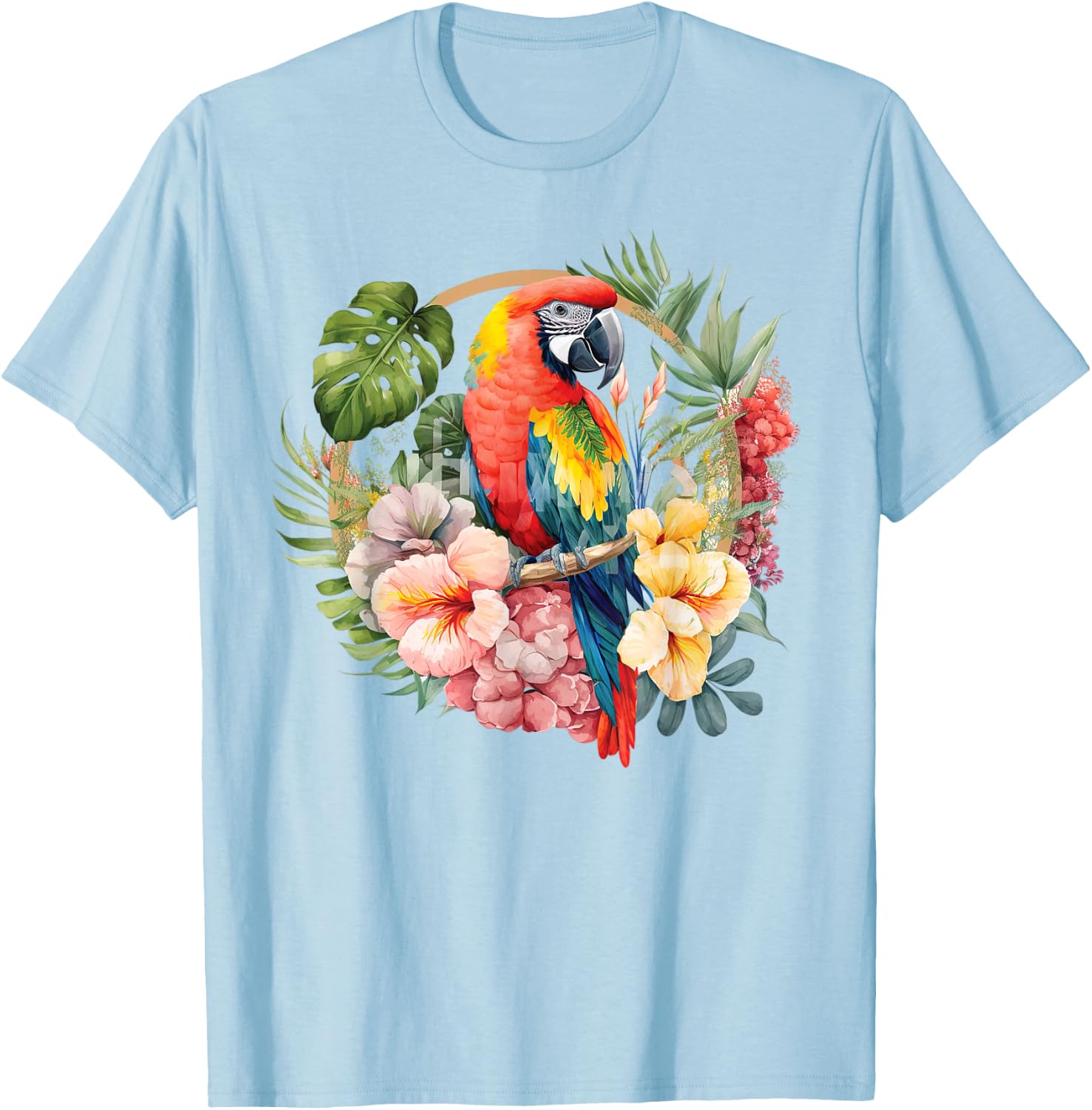 Parrot Tropical Bird Vacation Beach Vintage Flower Hawaiian T-Shirt - T-Shirt | Light Blue