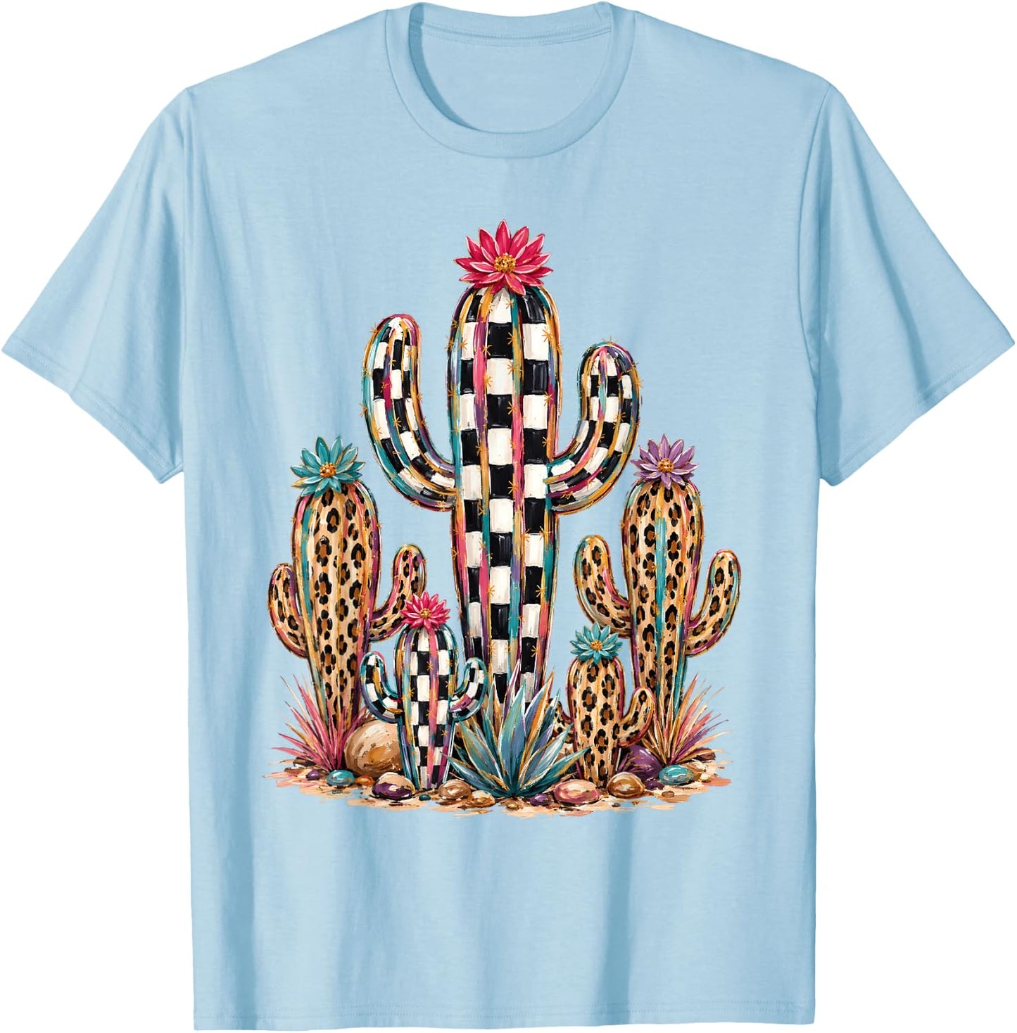 Leopard Checkerboard Cactus Western Desert Graphic T-Shirt - T-Shirt | Light Blue