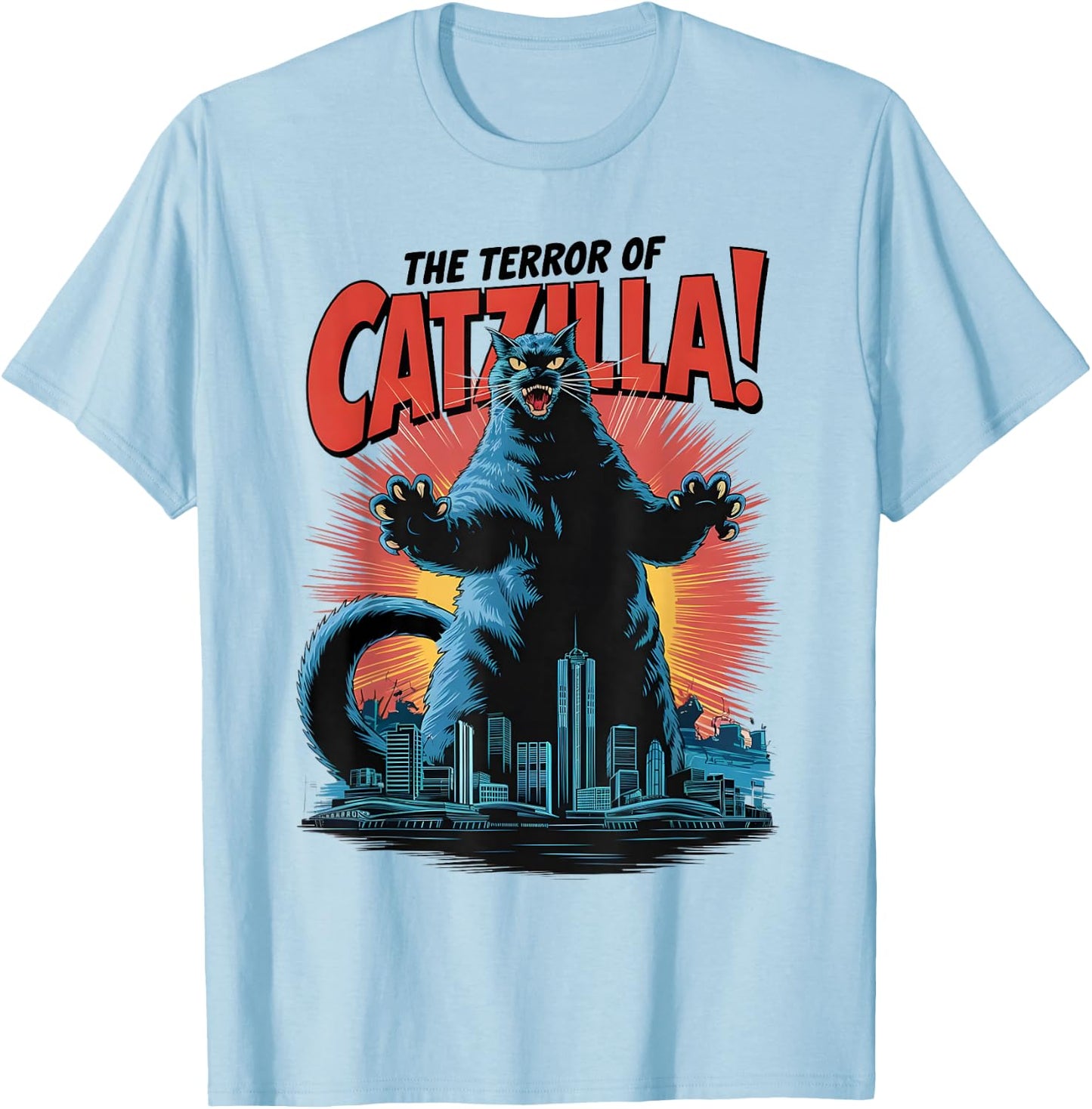 Terror of Vintage Catzilla Cat Spooky Cat Halloween T-Shirt - T-Shirt | Light Blue