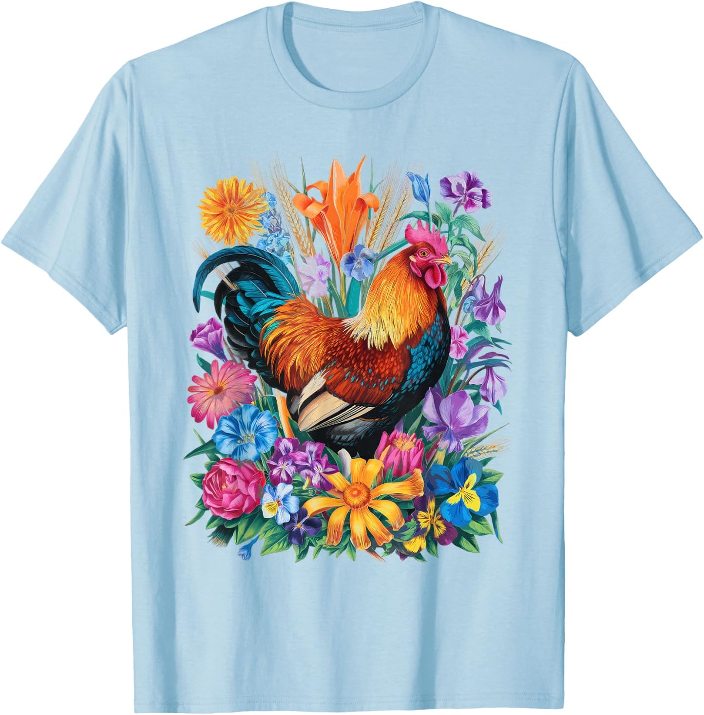 Chicken Floral Art Graphic Women Farm Chicken Lover Colorful T-Shirt - T-Shirt | Light Blue