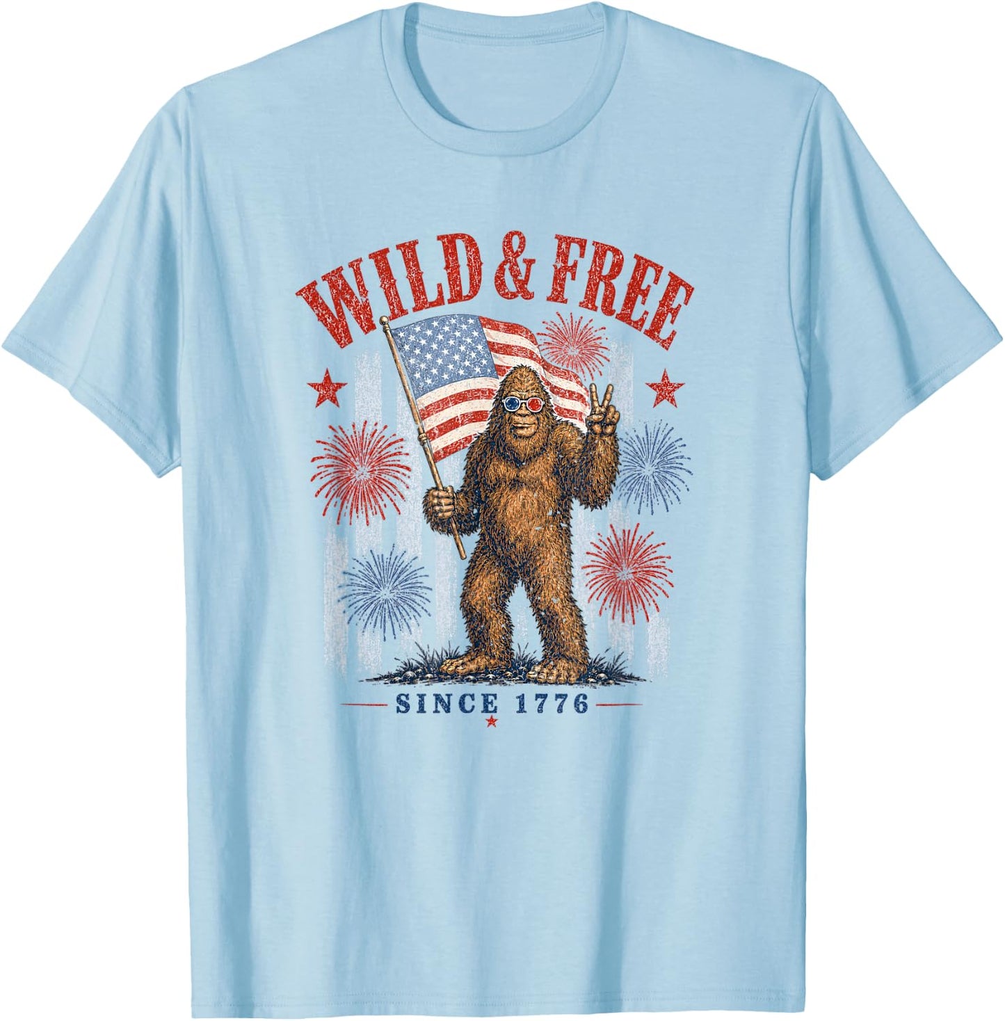 Patriotic Bigfoot Wild and Free Since 1776 T-Shirt - T-Shirt | Light Blue