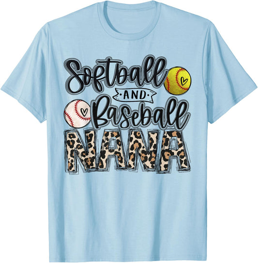 Baseball And Softball Nana of Both Girl Boy Nephew Leopard T-Shirt - T-Shirt | Light Blue