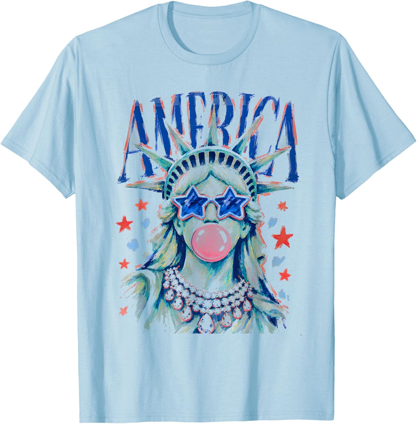 Brushstroke Statue of Liberty Blowing Bubble Gum 4th of July T-Shirt - T-Shirt | Light Blue