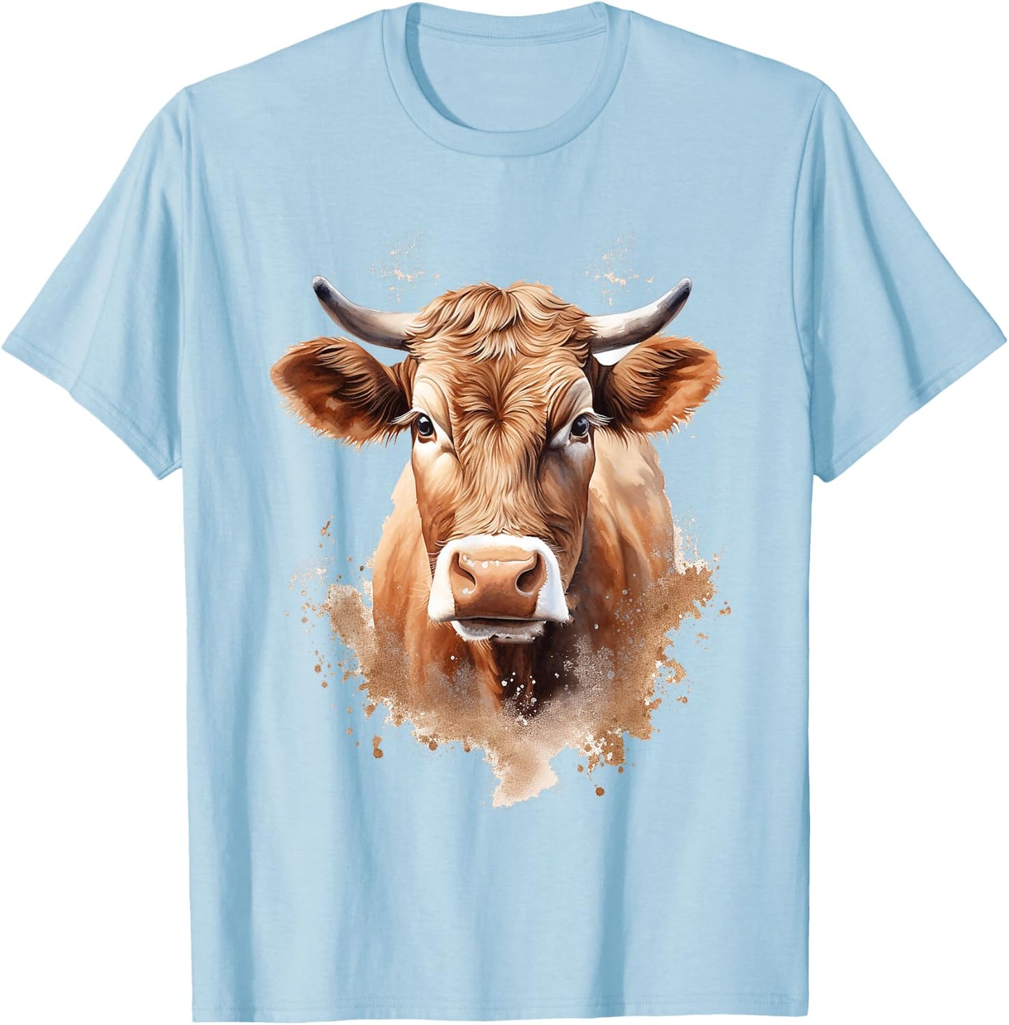 Cow Animal Painting Graphic Portrait Artwork Face Cow , White T-Shirt - T-Shirt | Light Blue