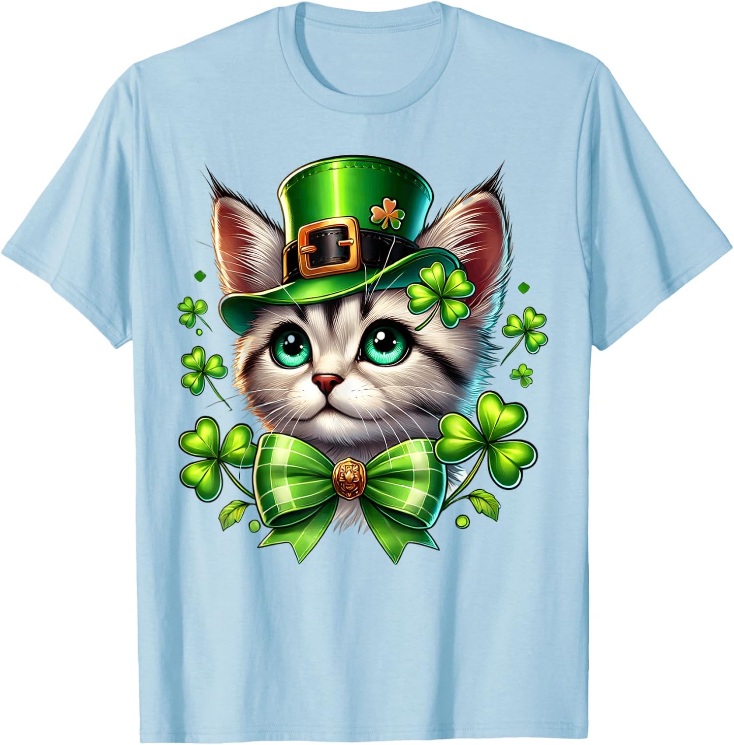 Leprechaun Cat St Patricks Day Coquette Bow Shamrock Graphic T-Shirt - T-Shirt | Light Blue
