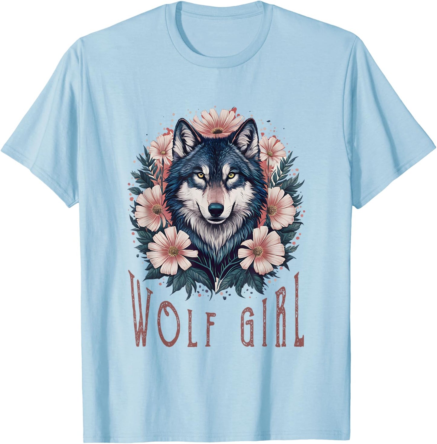 Wolf Girl Loves Wolves Kids Vintage Wolf Floral T-Shirt - T-Shirt | Light Blue