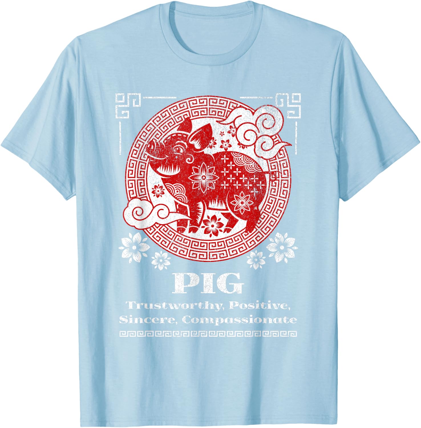 Chinese Zodiac Pig - Red, Small, Short Sleeve, Mandarin Collar, -Adult T-Shirt - T-Shirt | Light Blue